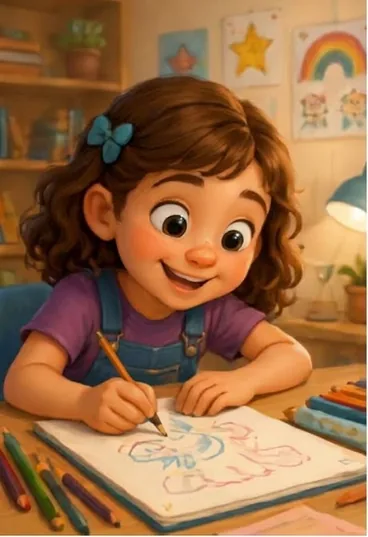 Bia, menina de cabelo castanho ondulado com uma presilha azul, blusa roxa, desenhando com lápis de cor.