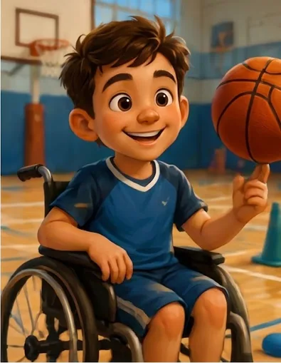 Caio, menino de cabelo castanho e camiseta azul, sentado na cadeira de rodas numa quadra, girando uma bola de basquete no dedo.