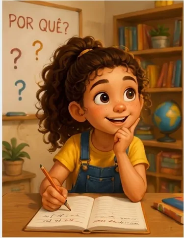 Lia, menina de cabelo castanho cacheado, camiseta amarela e jardineira, com a mão no queixo, escrevendo num caderno. Atrás, um quadro com a pergunta “Por quê?”.