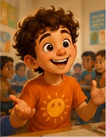 Miguel, menino de cabelo cacheado e camiseta laranja com um sol, sorrindo e gesticulando enquanto conversa na sala de aula.