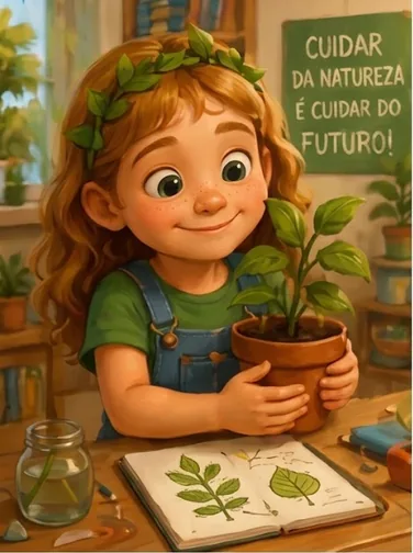 Nina, menina ruiva com uma coroa de folhas, segurando um vaso com uma planta. Atrás, um cartaz: “Cuidar da natureza é cuidar do futuro!”.