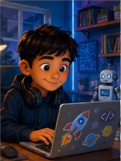 Ravi, menino de cabelo preto, moletom azul-escuro e fones no pescoço, usando um notebook com adesivo de foguete. Na estante, um robozinho.
