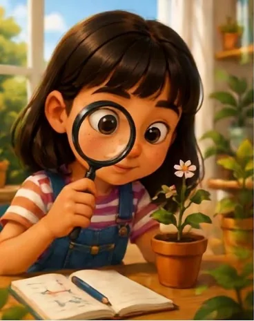 Sofia, menina de cabelo preto com franja, olhando uma flor com uma lupa, ao lado de um caderno aberto.