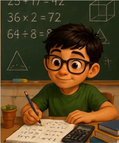 Theo, menino de cabelo preto e óculos, camiseta verde, fazendo contas num caderno ao lado de uma calculadora. Atrás, um quadro-negro com contas e formas geométricas.