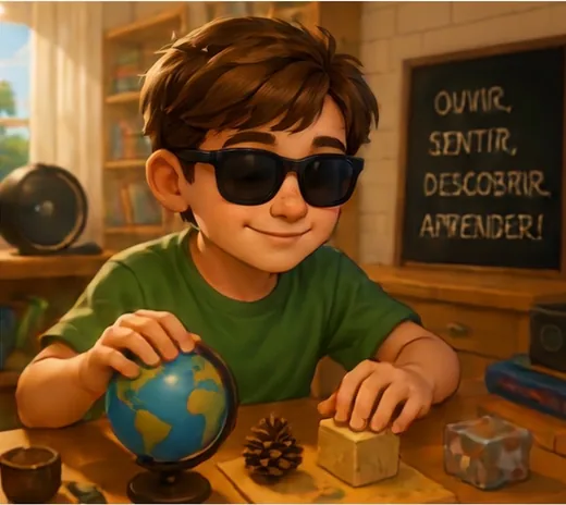 Tomás, menino de cabelo castanho, óculos escuros e camiseta verde, tocando um globo terrestre e pequenos objetos na mesa. Atrás, um quadro: “Ouvir, sentir, descobrir, aprender!”.