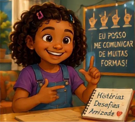 Yara, menina de pele negra e cabelo cacheado, blusa roxa, sorrindo e fazendo um sinal com as mãos. Atrás, um cartaz com mãos em Libras e a frase “Eu posso me comunicar de muitas formas!”.
