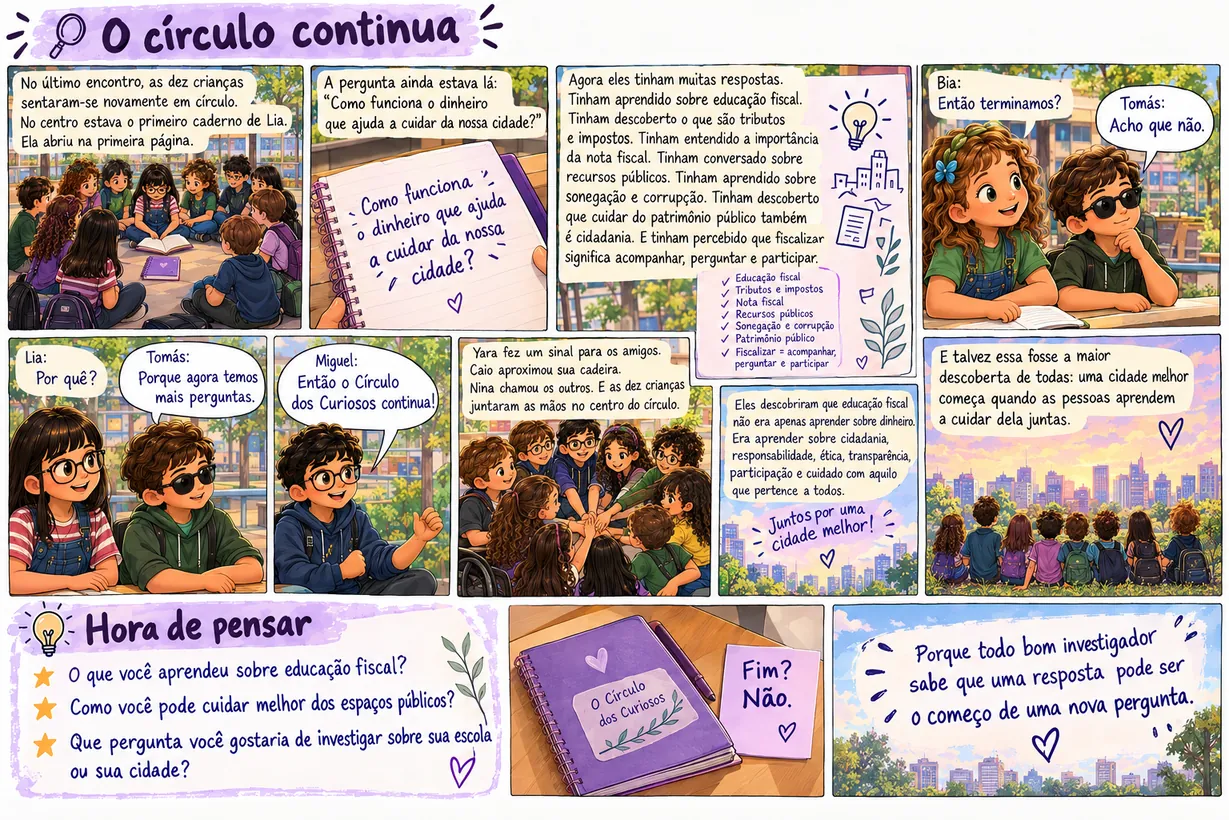 História em quadrinhos “O círculo continua”, com as crianças do Círculo dos Curiosos. O texto dos balões é o mesmo do botão Ler o texto.