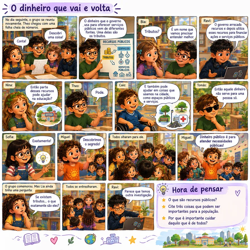 História em quadrinhos “O dinheiro que vai e volta”, com as crianças do Círculo dos Curiosos. O texto dos balões é o mesmo do botão Ler o texto.