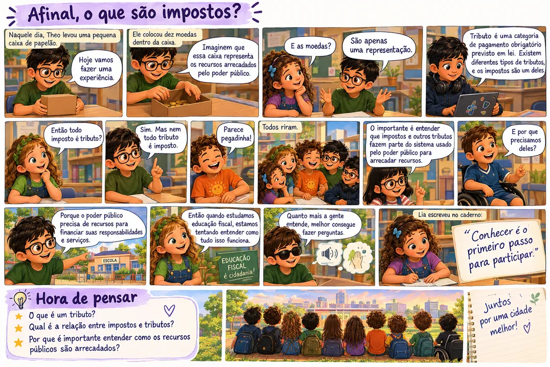 História em quadrinhos “Afinal, o que são impostos?”, com as crianças do Círculo dos Curiosos. O texto dos balões é o mesmo do botão Ler o texto.