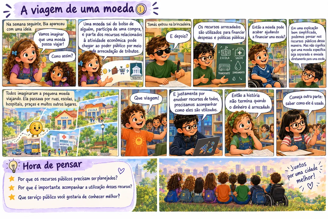 História em quadrinhos “A viagem de uma moeda”, com as crianças do Círculo dos Curiosos. O texto dos balões é o mesmo do botão Ler o texto.
