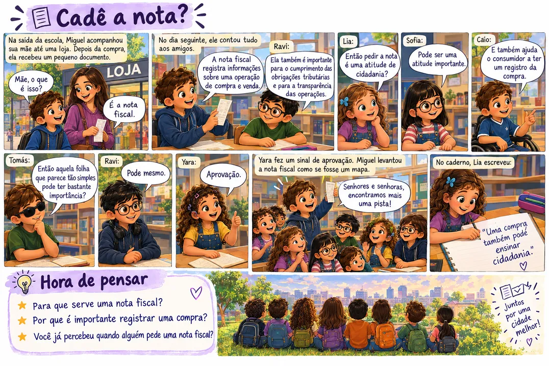 História em quadrinhos “Cadê a nota?”, com as crianças do Círculo dos Curiosos. O texto dos balões é o mesmo do botão Ler o texto.