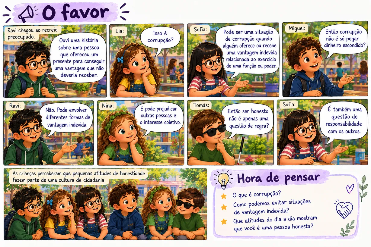 História em quadrinhos “O favor”, com as crianças do Círculo dos Curiosos. O texto dos balões é o mesmo do botão Ler o texto.