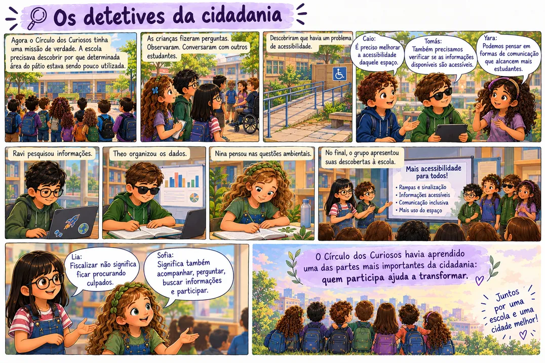 História em quadrinhos “Os detetives da cidadania”, com as crianças do Círculo dos Curiosos. O texto dos balões é o mesmo do botão Ler o texto.